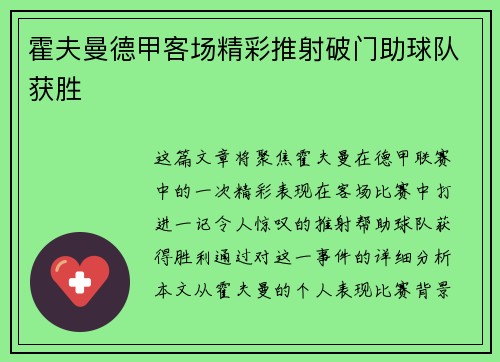霍夫曼德甲客场精彩推射破门助球队获胜