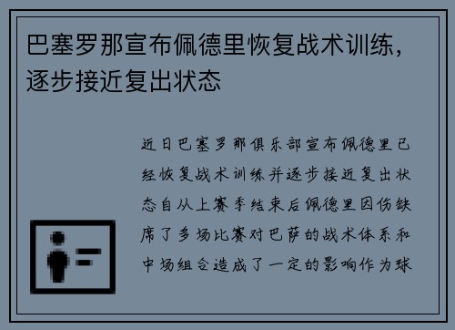 巴塞罗那宣布佩德里恢复战术训练，逐步接近复出状态